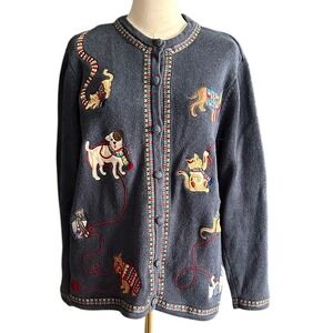 Vintage Bechamel Embroidered Dog & Cat Novelty Cardigan Blue Large